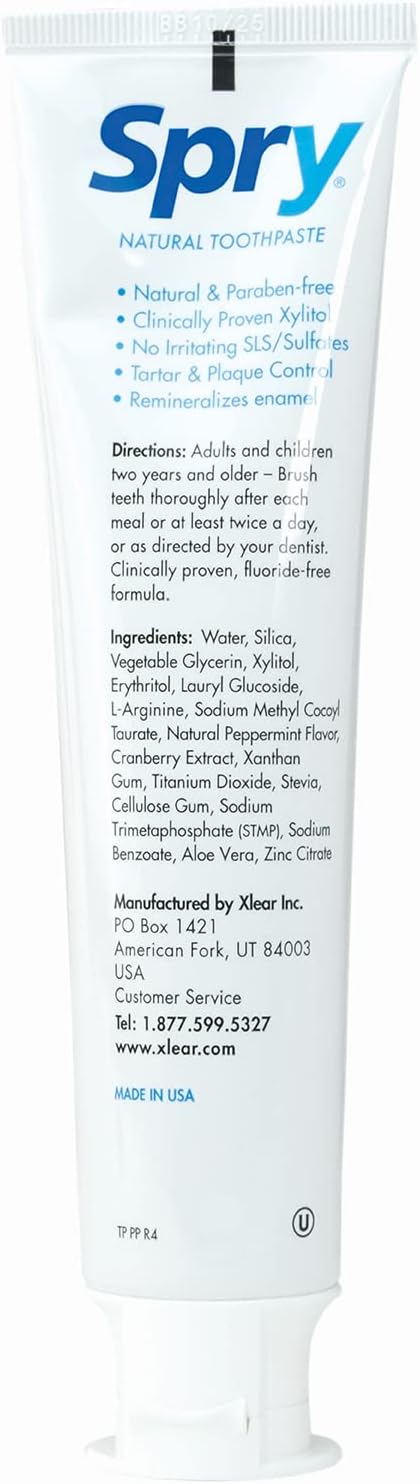 Spry Natural Xylitol Toothpaste 5oz for Adults and Kids - Fluoride Free, Gentle for Sensitive Teeth Whitening and Remineralizing, Breath Freshening, Mouth Moisturizing, Peppermint (Pack of 3)