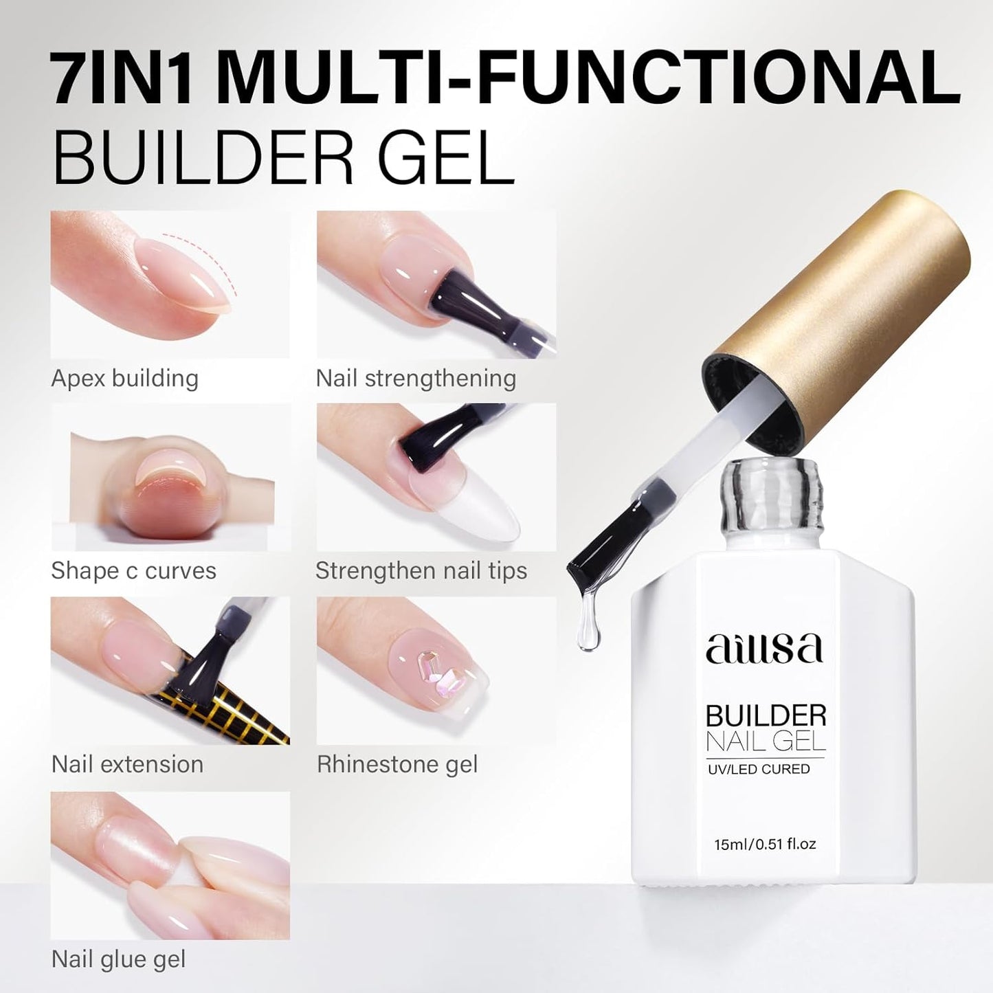 AILLSA Clear Builder Gel 7 In 1 Hard Gel Polish for Thickening Natural Nails Transparent Extension Gels Strengthener Gels Nail Polish Rhinestone Glue for Nail Art Base Coat Needed 0.51 Oz