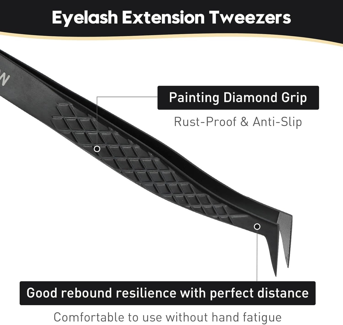 Ms.Queen Fiber Tip Lash Tweezers, Precise Diamond Grip L-Shape Boot Volume Eyelash Extension Tweezers,Black