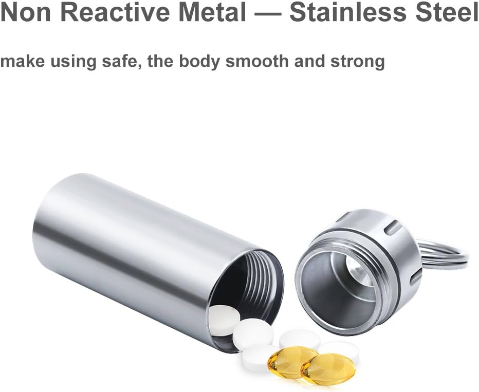 SHD 2 Pack Pill Container Keychain Pill Holder 100% Waterproof Pill Case Single Chamber Stainless Steel Pill Box (Silver)