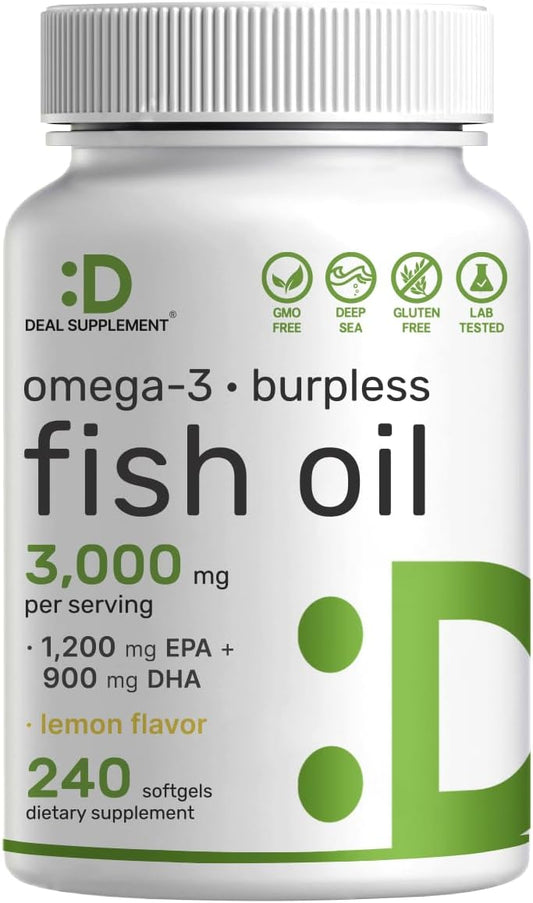 DEAL SUPPLEMENT Omega 3 Fish Oil Supplements, 3,000mg Per Serving, 240 Softgels – EPA 1,200mg + DHA 900mg – Burpless Pills, Lemon Flavored, Wild Caught – Brain & Heart Support – Mercury Free, Non-GMO