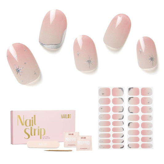 Semi Cured Gel Nail Strips - NAILOG 34 Pcs Gel Nail Stickers Buy 2 Get 1 UV Light | Long Lasting Nail Wraps with Glossy Gel Finish Clear Pink, Star River