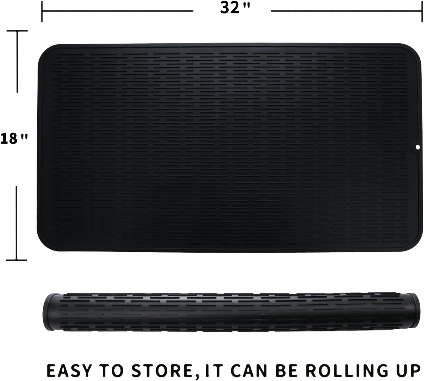 Silicone Dish Drying Mat for Multiple Usage,Easy clean,Eco-friendly,Heat-resistant Silicone Mat for Kitchen Counter or Sink,Refrigerator or Drawer Liner Black 4XL 32 inches x 18 inches