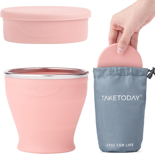 TakeToday Collapsible Travel Cup - Silicone Foldable Water Cup, BPA-Free with Lid & Waterproof Bag - Drinking Cup Set for Camping, Outdoors & International Travel（8 Oz, Lowcountry Peach）