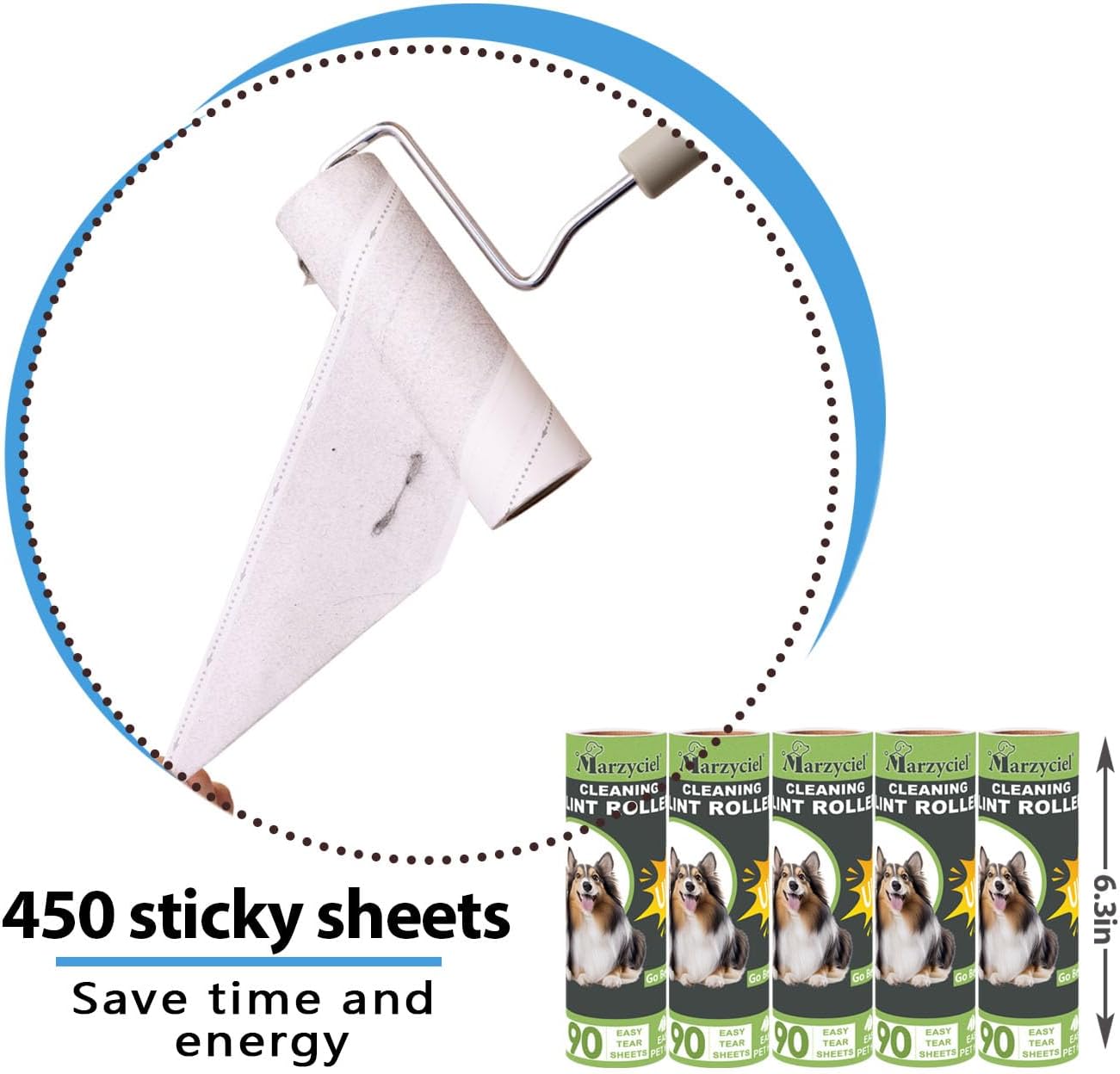 Large Lint Rollers for Pet Hair Extra Sticky,Cat Dog Hair Remover Laundry Clothes Carpet Furniture,6.3 inches Wider with 450 Sheets Giant Lint Remover Brush for Couch with Long Handle