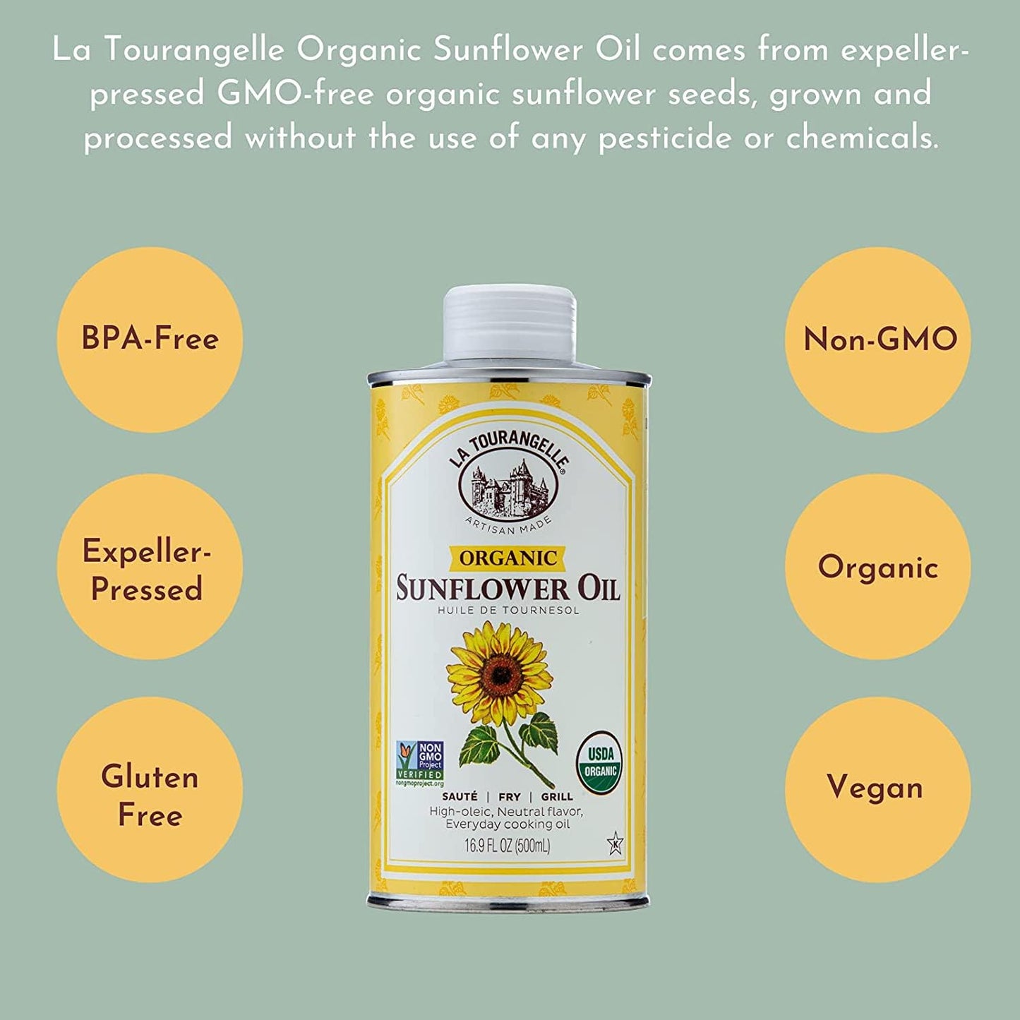 La Tourangelle, Organic High Oleic Sunflower Oil, Neutral Oil For Medium to High Heat Cooking and Skin Care, Non GMO, Pesticide and Chemical Free, 33.8 Fl Oz