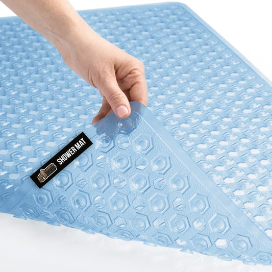 GORILLA GRIP Patented Bath Tub Shower Mat, Machine Washable Bathtub Floor Liner Mats, Suction Cups and Drain Holes to Keep Tubs Clean, Soft on Feet, Bathroom Essentials, 35x16 Inch, Clear Blue