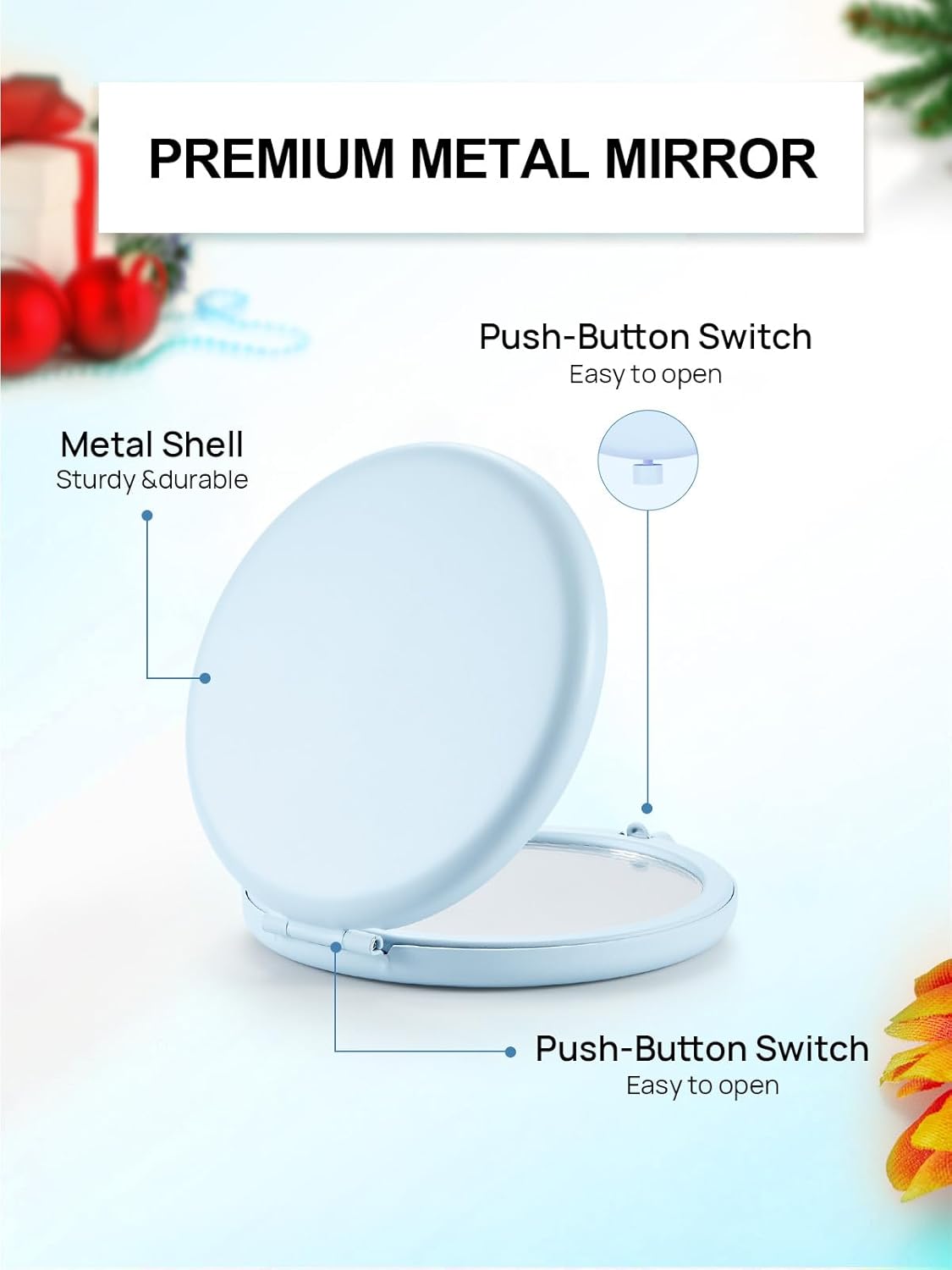 Compact Mirror for Purse, Double-Sided 1X/2X Magnifying Metal Pocket Makeup Mirrors(Round, Light Blue)
