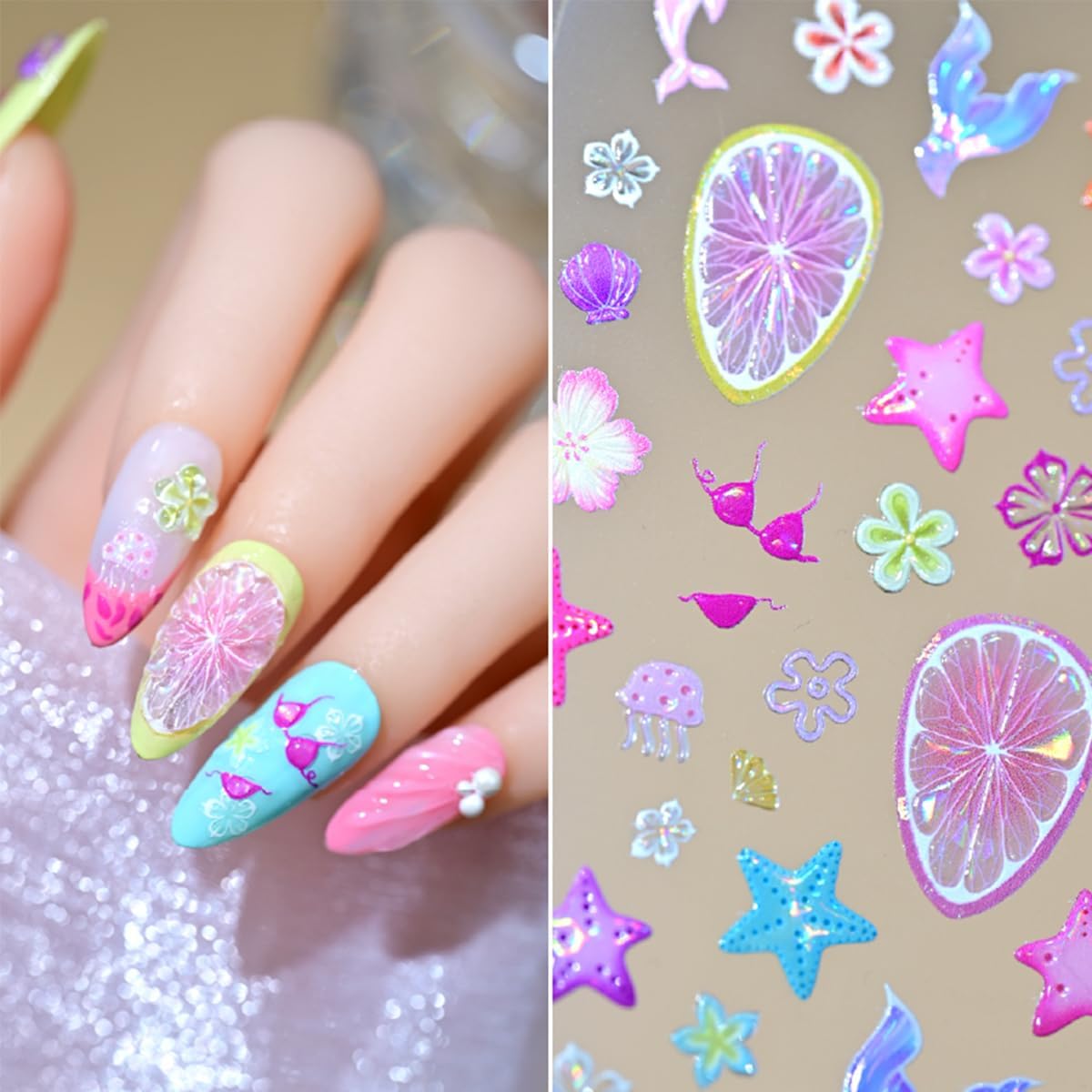 Summer Nail Stickers Ocean Shell Jellyfish Mermaid Nail Art Stickers 5D Embossed Nails Design Flowers Fruit Grapefruit Starfish Nail Decal for Women DIY Nail Decorations 1Sheets