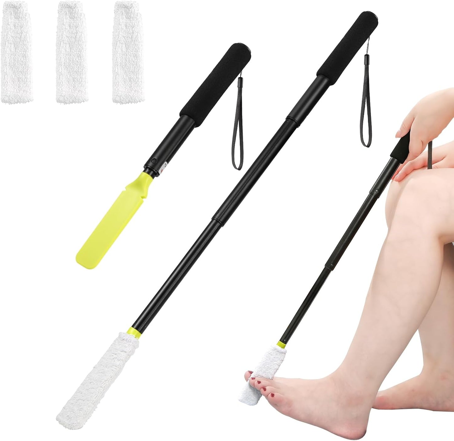 Toe Cleaning Brush,Foot Brush with Reusable Drying Covers.Foot Scrubber with Telescopic Aluminum Alloy 12"-24",Long- Handled Toe Lotion Applicator for Seniors,Elderly, Disabled Men and Women