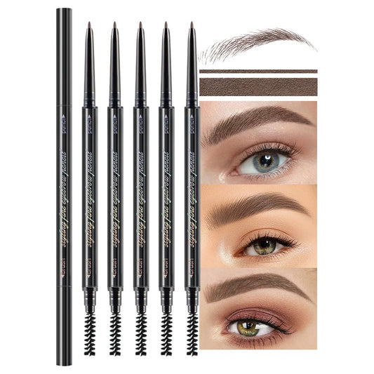 5 Pcs Waterproof Dual-Sided Fine Tip Eye Brow Pencils Pack,Ultra-Fine Mechanical Precise Pencil,Draws Tiny Brow Hairs, Defines, Fills Eyebrows, Shapes, Contours, Combs,1mm Pen Point (Pack of 5)-Tea