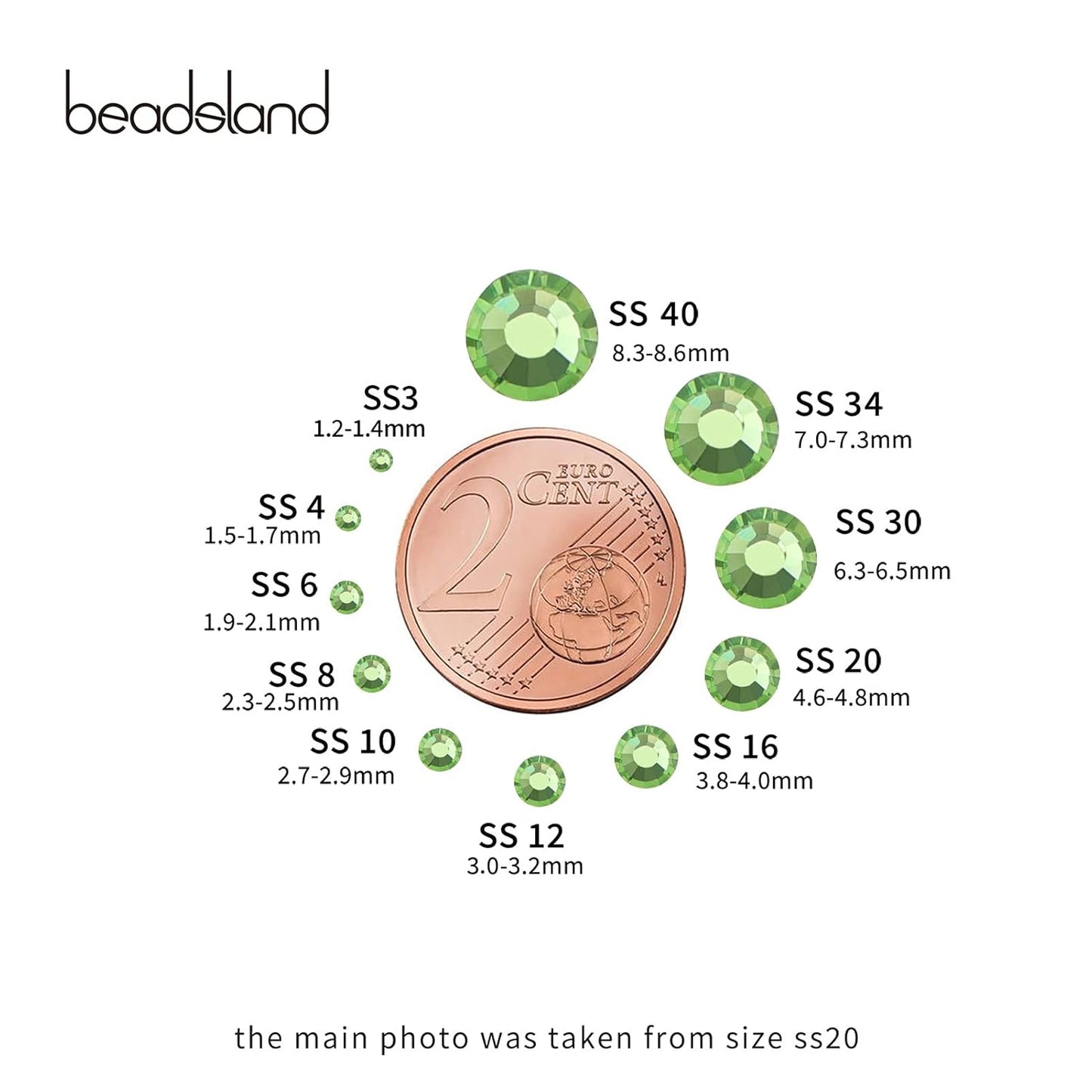 Beadsland 1440pcs Flat Back Crystal Rhinestones Round Gems for Nail Art and Craft Glue Fix,Light Green,SS20,4.6-4.8mm