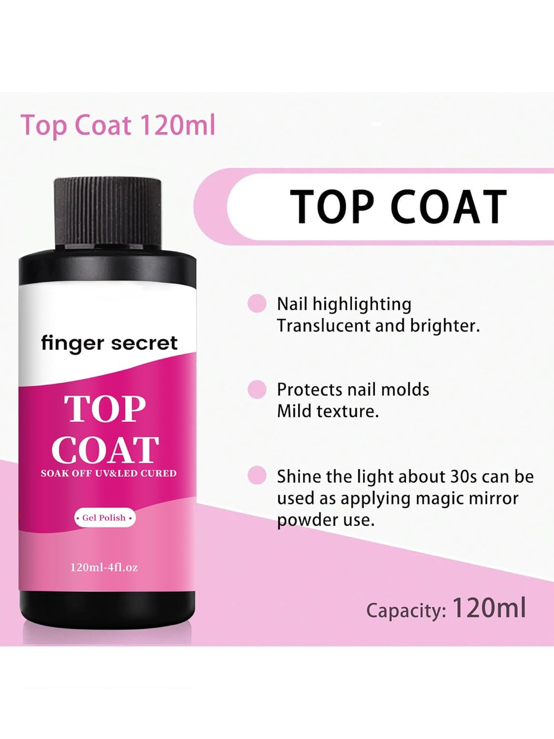 120ml/4floz Top Coat for Gel Nail Polish,Quick Dry Clear Nail Polish,Nail Supplies for DIY in Salon or Home Use.