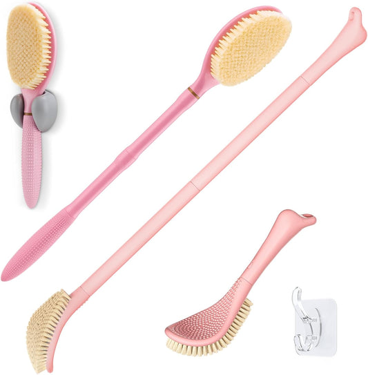 New Foot Brush & Back Scrubber Set 2PCS, 10.2''- 27.5'' Adjustable Foot Scrubber for Shower, 18.9'' Shower Back Scrubber with 3-Length Usage, Great Aid for People with Limited Mobility(Pink)