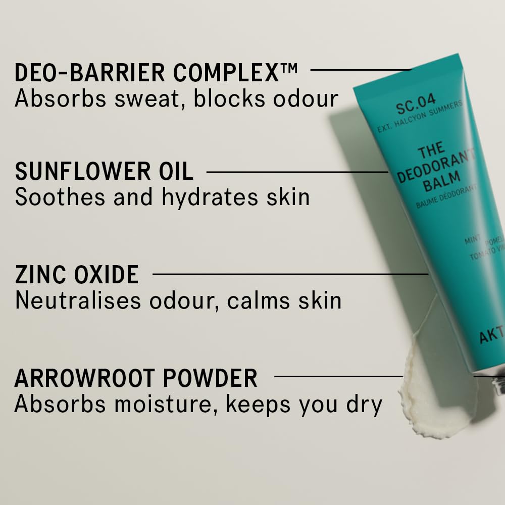 AKT, THE DEODORANT BALM. Award winning, multi-use, natural deodorant. Plastic Free. Gender Free. Aluminium Free. 100% effective — 1 tube lasts up to 3 months. SC.04 HALCYON SUMMERS. 50ml/1.76 FL.OZ