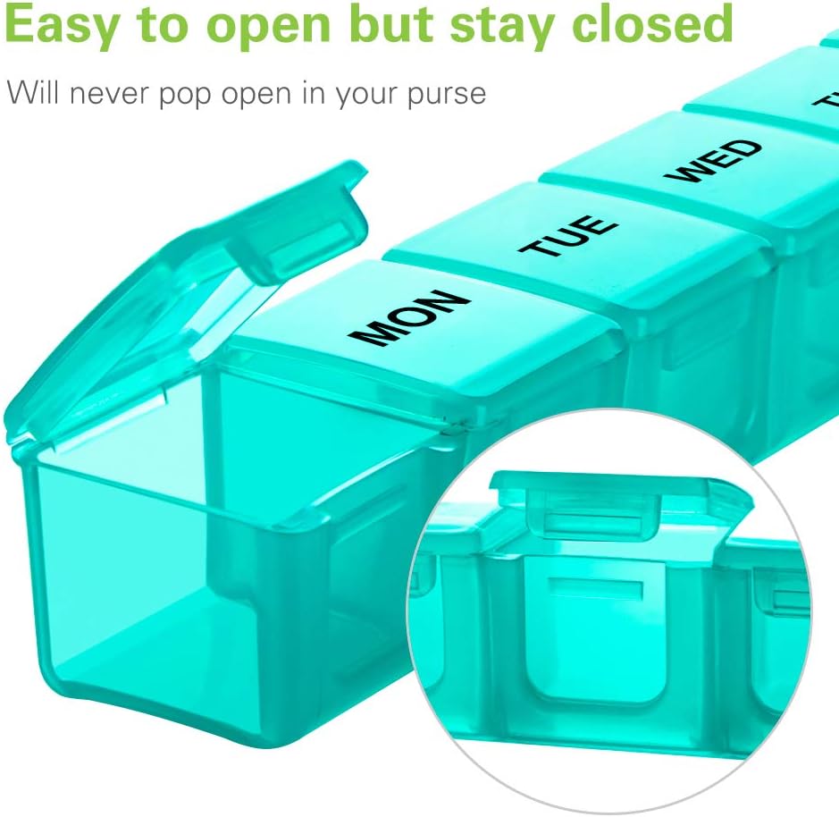 BUG HULL Weekly Pill Organizer Large 2 Packs, Extra Large Travel Pill Organizers, Pill Box 7 Day, Travel Pill Case, Medicine Pill Organizer for Vitamins, Supplements and Medications (Blue+Green)