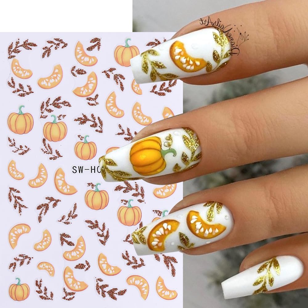 6Pcs Fall Nail Stickers Thanksgiving Pumpkin Nail Decals DIY Self Adhesive Maple Leaves Nail Design Sticker Autumn Nail Decoration Supplies Manicure Accessories for Women Girls