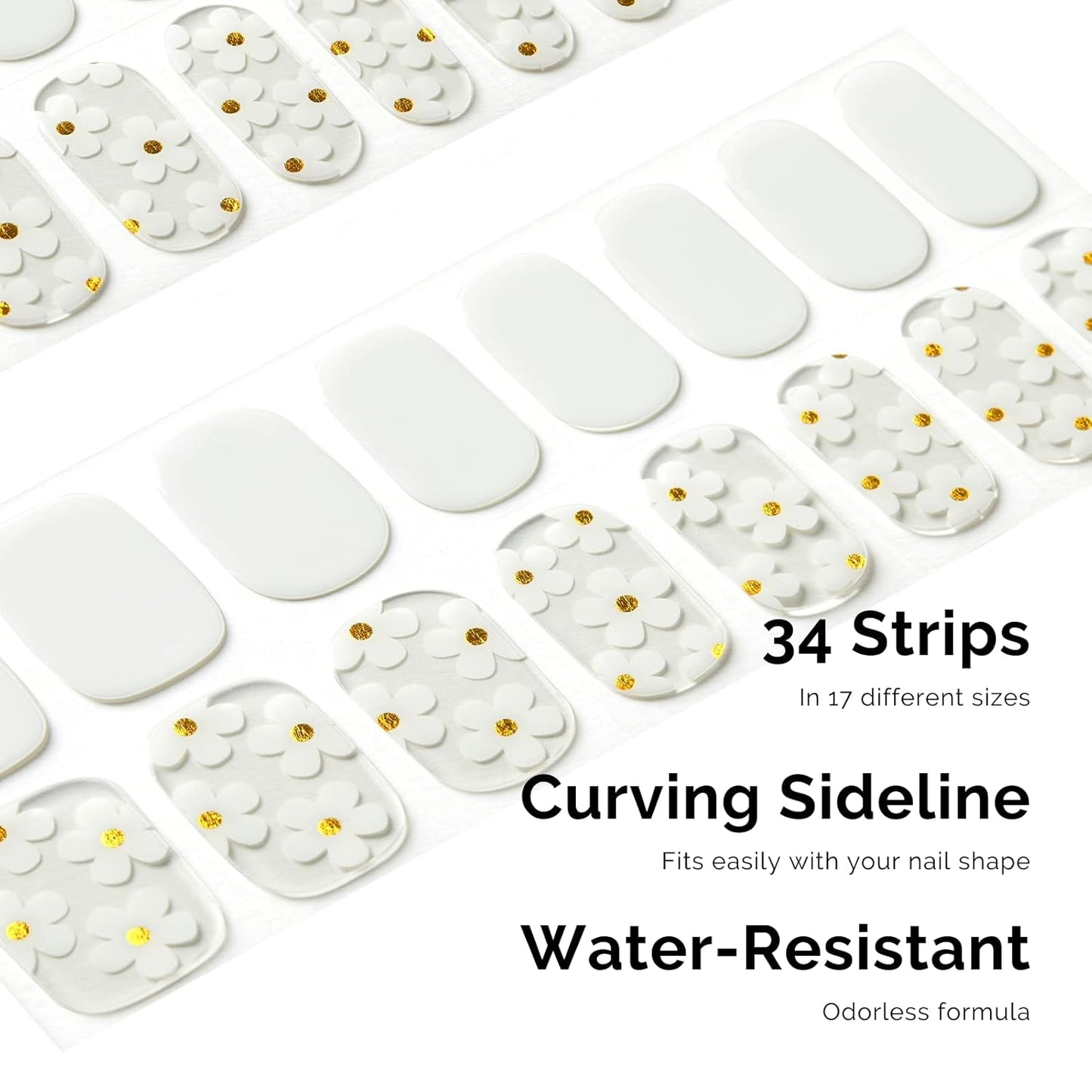Nailog Semi Cured Gel Nail Strips 34 pcs | Long Lasting Nail Polish Sticker Wraps with Glossy Gel Finish | White Petals