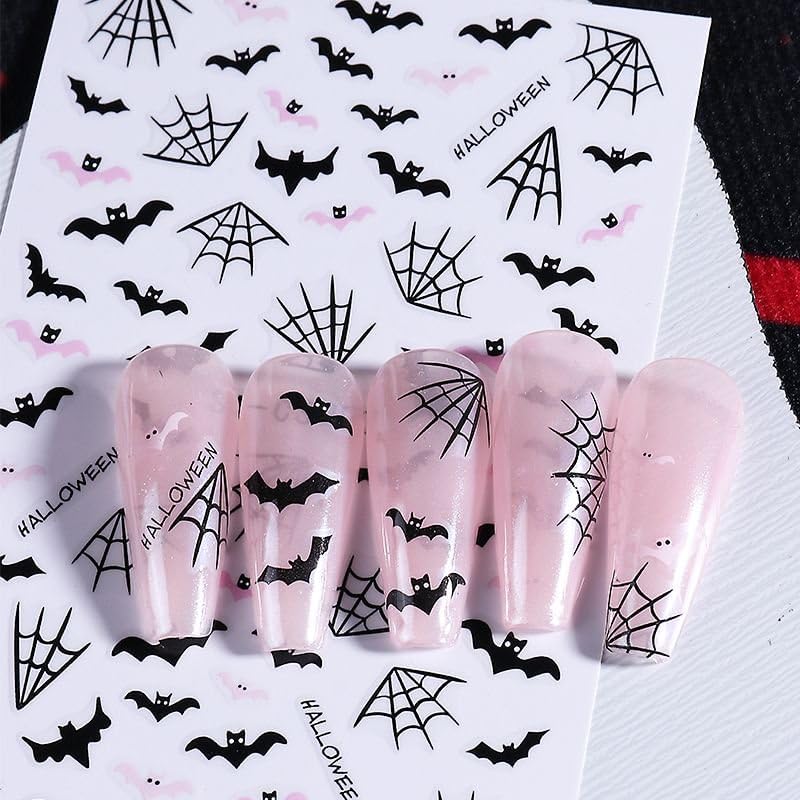 Halloween Nails Stickers Black Bat Nails Sticker 3D Embossed Pink Bats Self Adhesive Sticker Nail Decals Cute White Ghost Nail Art Decals Halloween Decals for Nail DIY Manicure 4Sheet
