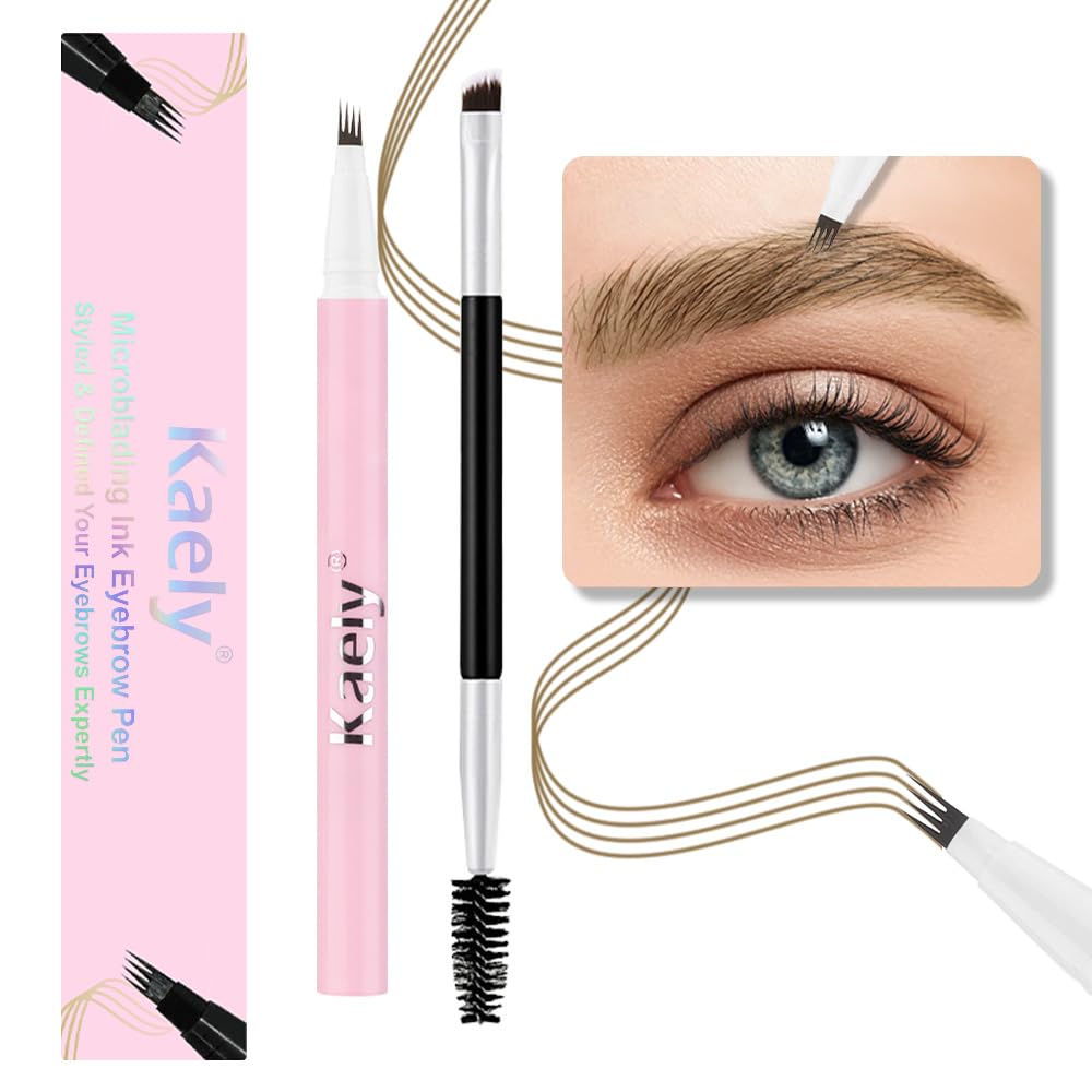 evpct 1Pcs Light Brown Magic Microblading Eyebrow Contouring Pen Brow Pencil, with 4 Brush Micro-Fork-Tips Precise Applicator, Dual-ended Eyebrow Brush, Hair Like Strokes, Natural Looking Brows