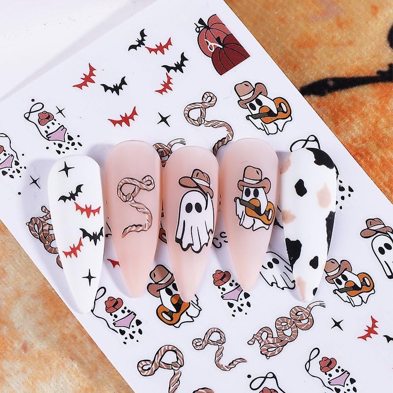 Halloween Nails Stickers Black Bat Nails Sticker 3D Embossed Pink Bats Self Adhesive Sticker Nail Decals Cute White Ghost Nail Art Decals Halloween Decals for Nail DIY Manicure 4Sheet