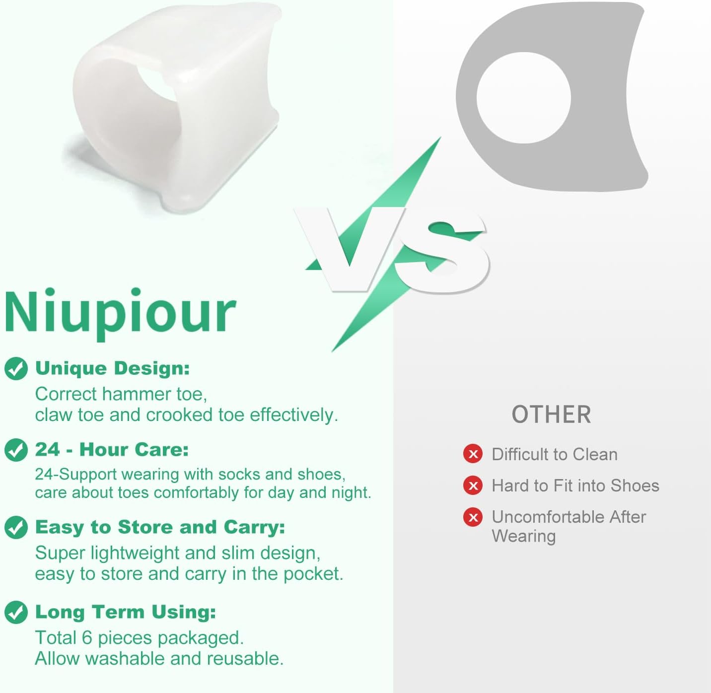 Niupiour Gel Hammer Toe Correctors - Bunion Corrector for Women and Men, 6 Pack of Silicone Toe Separators/Straighteners for Bent Toe, Toe Spacers for Correct Claw Toe, Curled Toe, Crooked Toe