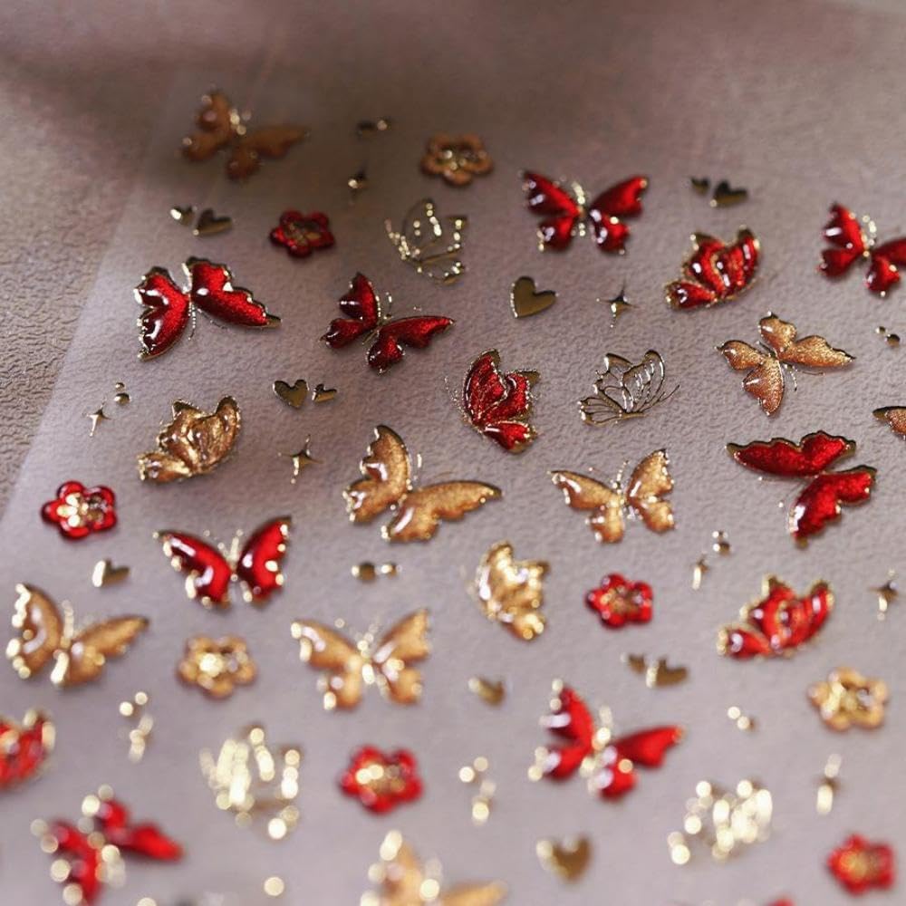 Butterfly Nail Art Stickers Red Golden Nail Decals Self Adhesive 5D Embossed Nail Sticker for Nail Art Spring Design for Women Girls Supplies Nail Art Decorations Accessories