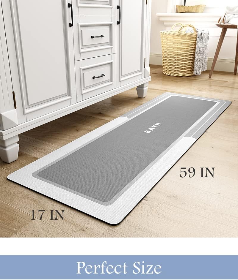 MontVoo-Bath Mat Rug Long Non Slip Super Absorbent Stain Resistant Quick Dry Thin Bathroom Mat Fit Under Door 17"x59" Grey