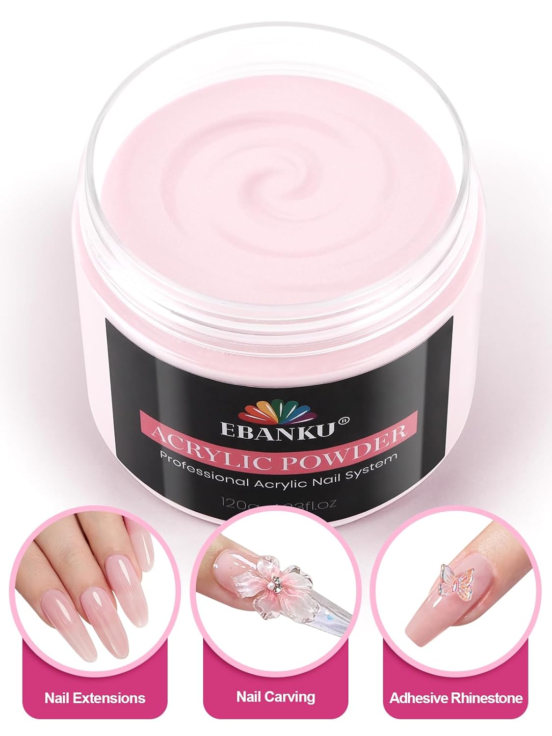 EBANKU Acrylic Powder, 120g/4.23oz Natural Pink Acrylic Nail Powder Large Capacity Professional Nail Powder for Nail Acrylic Extension, Nail Carving, Long-Lasting, No Nail Lamp Needed