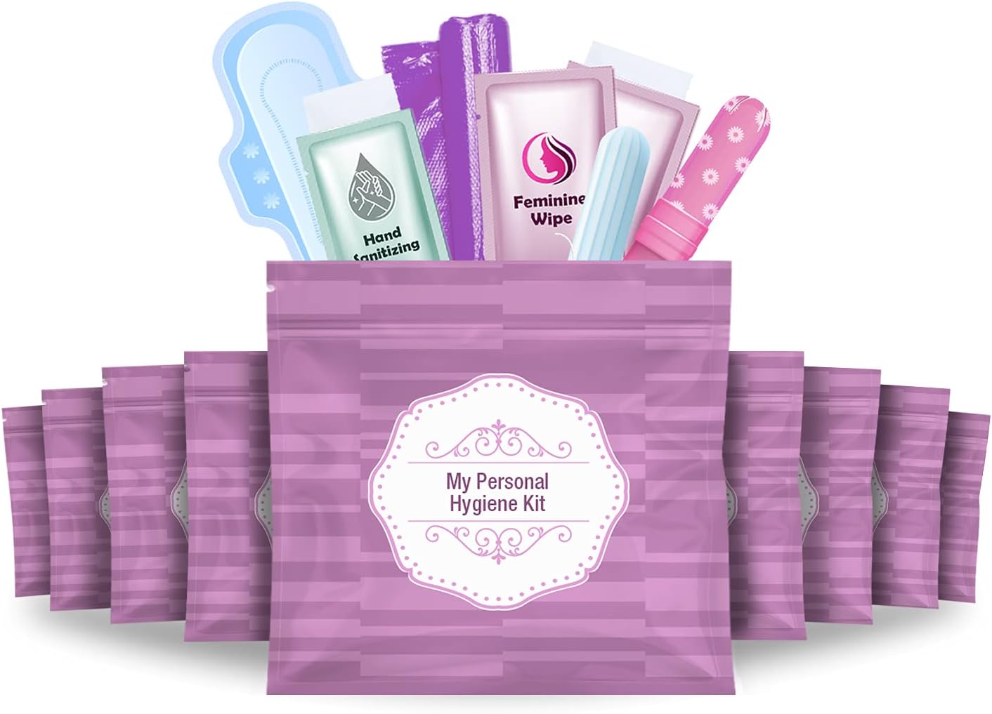 Menstrual Kit All-in-One 10 Pack | Convenience on The Go | Period Kit Pack for Travelling, Tweens & Teenagers or just When You’re Out | Individually Wrapped Feminine Hygiene Product (Purple)