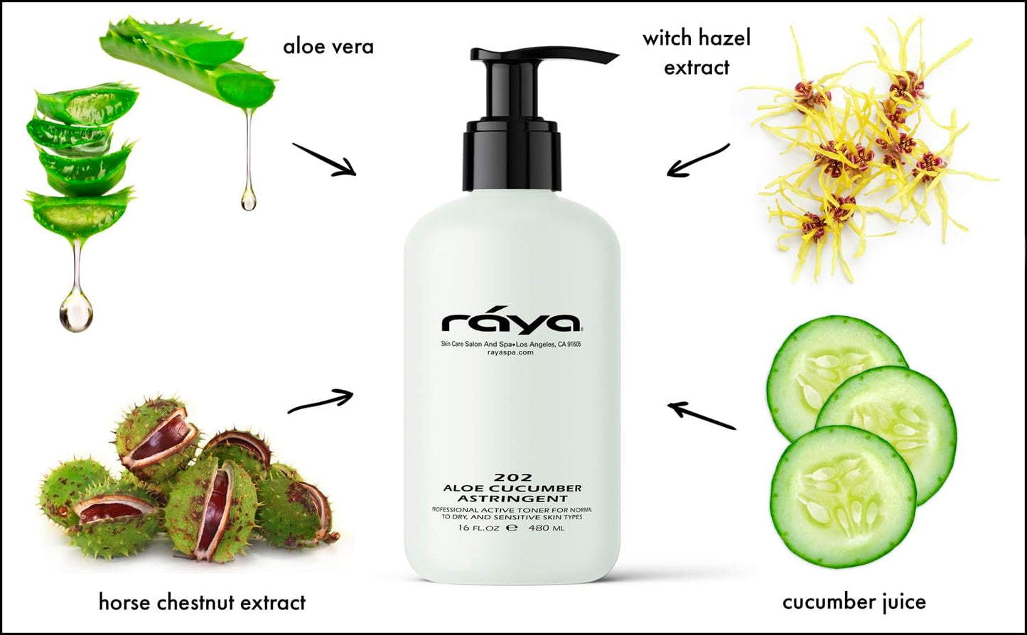 RAYA Aloe Cucumber Astringent 16 oz (202) | Gentle Pore Tightening and Smoothing Facial Toner for Dry and Sensitive Skin | Helps Refine, Cool, and Sooth | Smooths Complexion When Used Before Make-Up