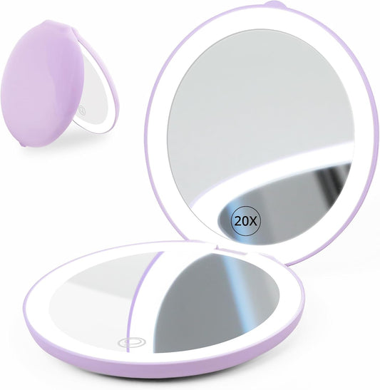 Fabuday Travel Compact Magnifying Makeup Mirror with Lights - Large 4.8'' Wide Led Lighted Portable Mirror with 1x/20x Magnification, Rechargeable Small Foldable 3 Color Lighting Mirrors, Purple