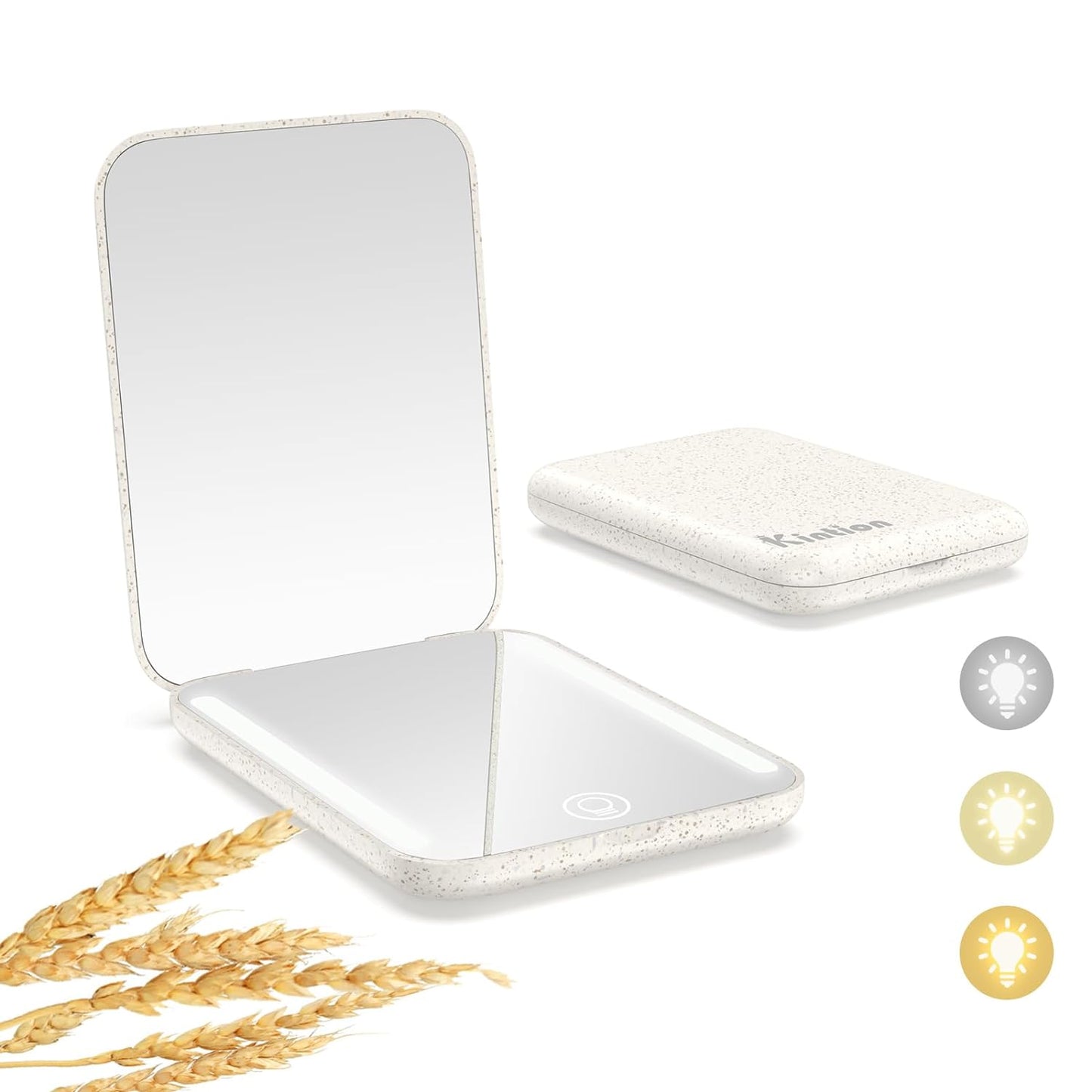 Kintion Rechargeable Pocket Mirror, Wheat Straw Material 1X/3X Magnification Portable Compact Mirror, Handheld Travel Mirror, Small Purse Mirrors for Women, Apricot