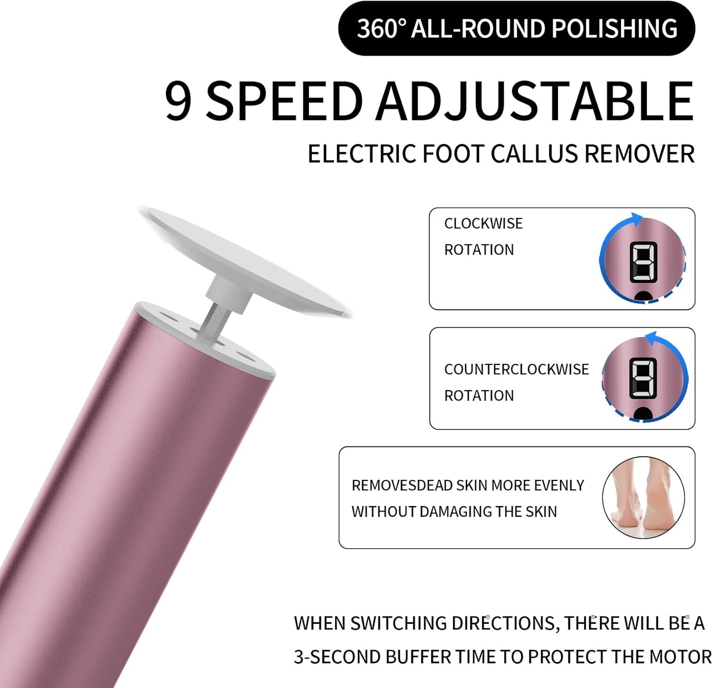 Powerful Electric Foot File & Callus Remover - Over 1-Hour Continuous Use, 360° Rotating Grinder, Foot Drill & Sander, 1200mAh Rechargeable Cordless Pedicure Tool,Foot Grinder(Pink+White)