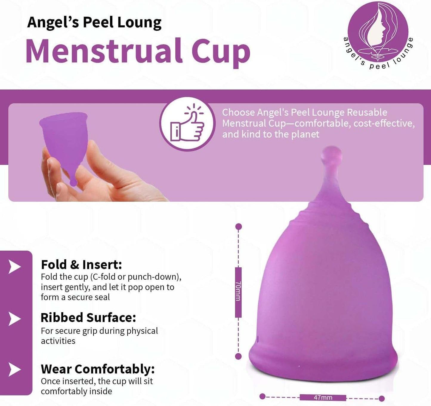 Angel's Peel Lounge Menstrual Cup for Women - 100% Medical-Grade Leak-Free Soft & Flexible Silicone Cup - 12 Hour Leak Protection Eco-Friendly & Reusable Period Cups for Women - Purple - Small