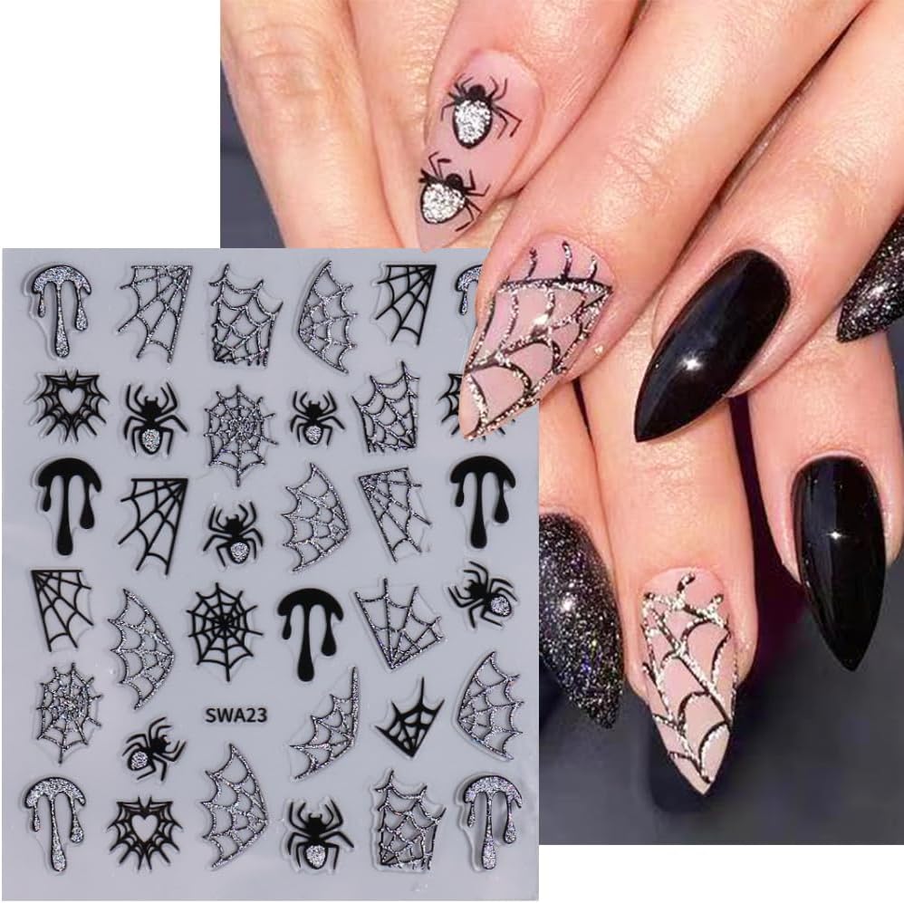 Halloween Nail Art Stickers Decals 10 Sheets 3D Self Adhesive Embossed Stickers Cartoon Spider Web Star Drop of The Blood Nail Art Design DIY Manicure Decoration for Women Kid Girls