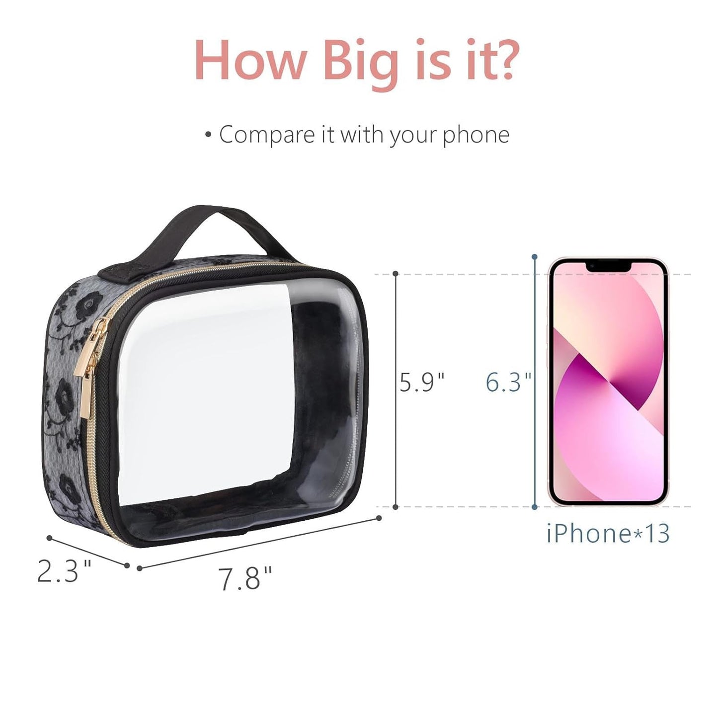 PACKISM TSA Approved Toiletry Bag - 180° Large Opening Clear Makeup Bags with Handle, Easily Access, Floral Texture Lace Clear Toiletry Bags for Traveling, Thick 0.5 mm No Smell, Black