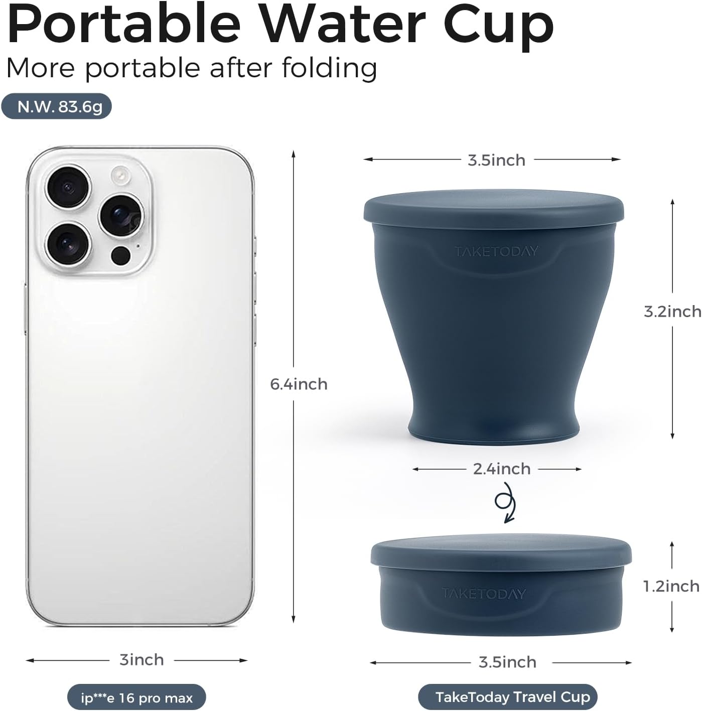 TakeToday Collapsible Travel Cup - Silicone Foldable Water Cup, BPA-Free with Lid & Waterproof Bag - Drinking Cup Set for Camping, Outdoors & International Travel（8 Oz, Navy）