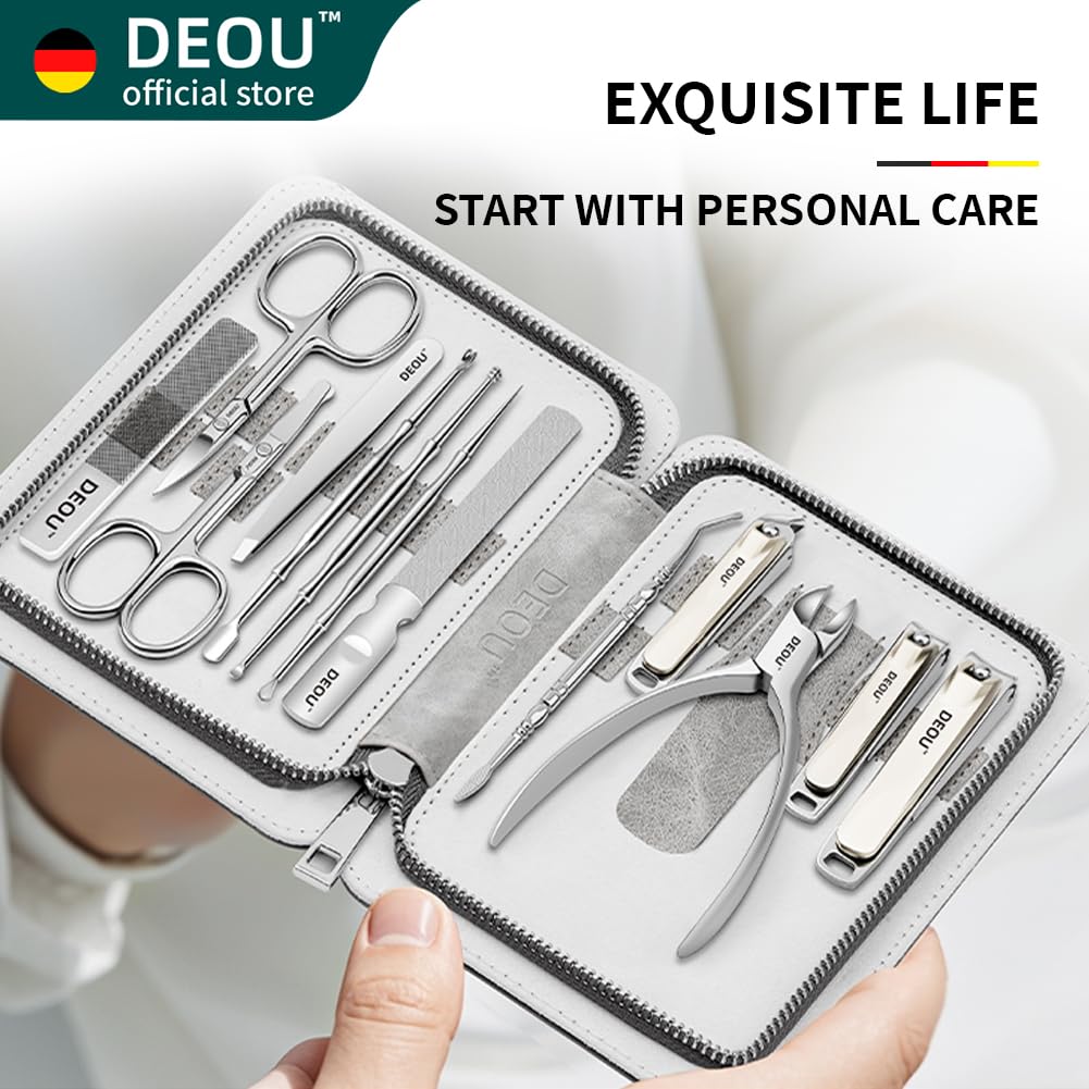 DEOU 13pcs Nail Grooming Kit Stainless Steel Professional Manicure Set Men Nail Care Tools with woman Luxurious Portable Travel Case Gift (Gray)