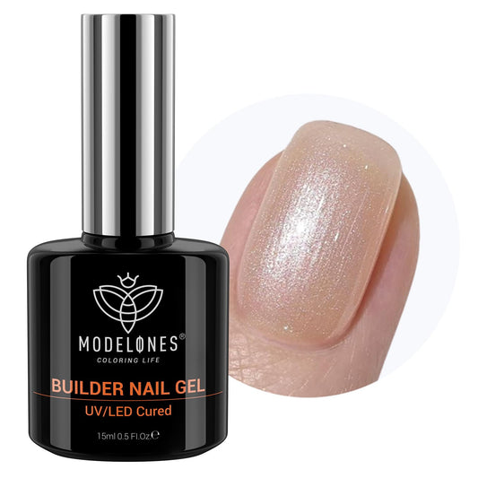 modelones Builder Nail Gel, 8-in-One Gold Shimmer Builder, Champagne Sparkle Glitter Rubber Color Base Gel Polish LED Lamp Cured, Apex Building Strengthener Extension for Home DIY Salon Girls