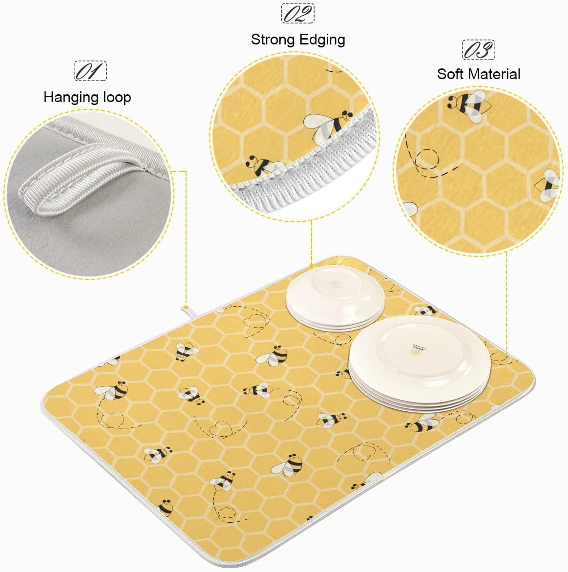 Funny Bees Honey Dish Drying Mat 18x24 for Kitchen Counter Yellow Bumblebee Beehive Dishes Pad Absorbent Fast Dry Dish Draining Mats Large Kitchen Accessories
