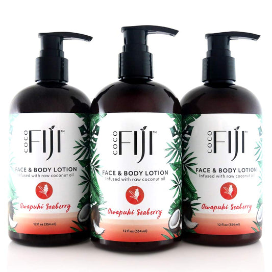 Coco Fiji Face & Body Lotion Infused With Coconut Oil | Lotion for Dry Skin | Moisturizer Face Cream & Massage Lotion for Women & Men | Awapuhi Seaberry 12 oz, Pack of 3