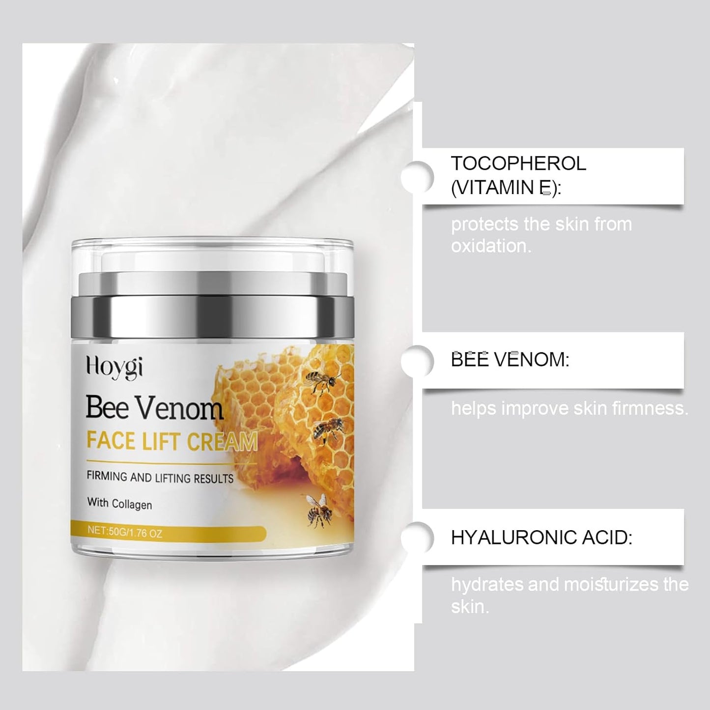 Bee Venom Cream, Bee Venom Face Lift Cream with Airless Pump - Wrinkle Removal & Firming, Moisturizing, Lifting & Recovery - for All Skin Types - 1.76 Oz