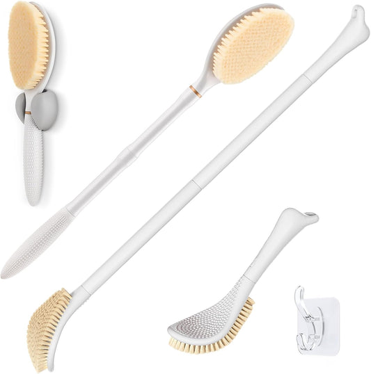 New Foot Brush & Back Scrubber Set 2PCS, 10.2''- 27.5'' Adjustable Foot Scrubber for Shower, 18.9'' Shower Back Scrubber with 3-Length Usage, Great Aid for People with Limited Mobility(White)
