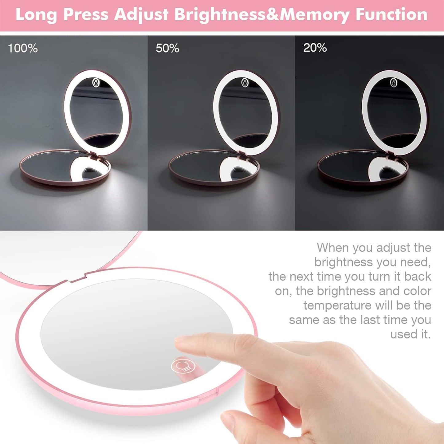 wobsion Rechargeable Compact Mirror, 1x/10x Magnification, Dimmable, Portable, LEDs, 4in Handheld, Pink