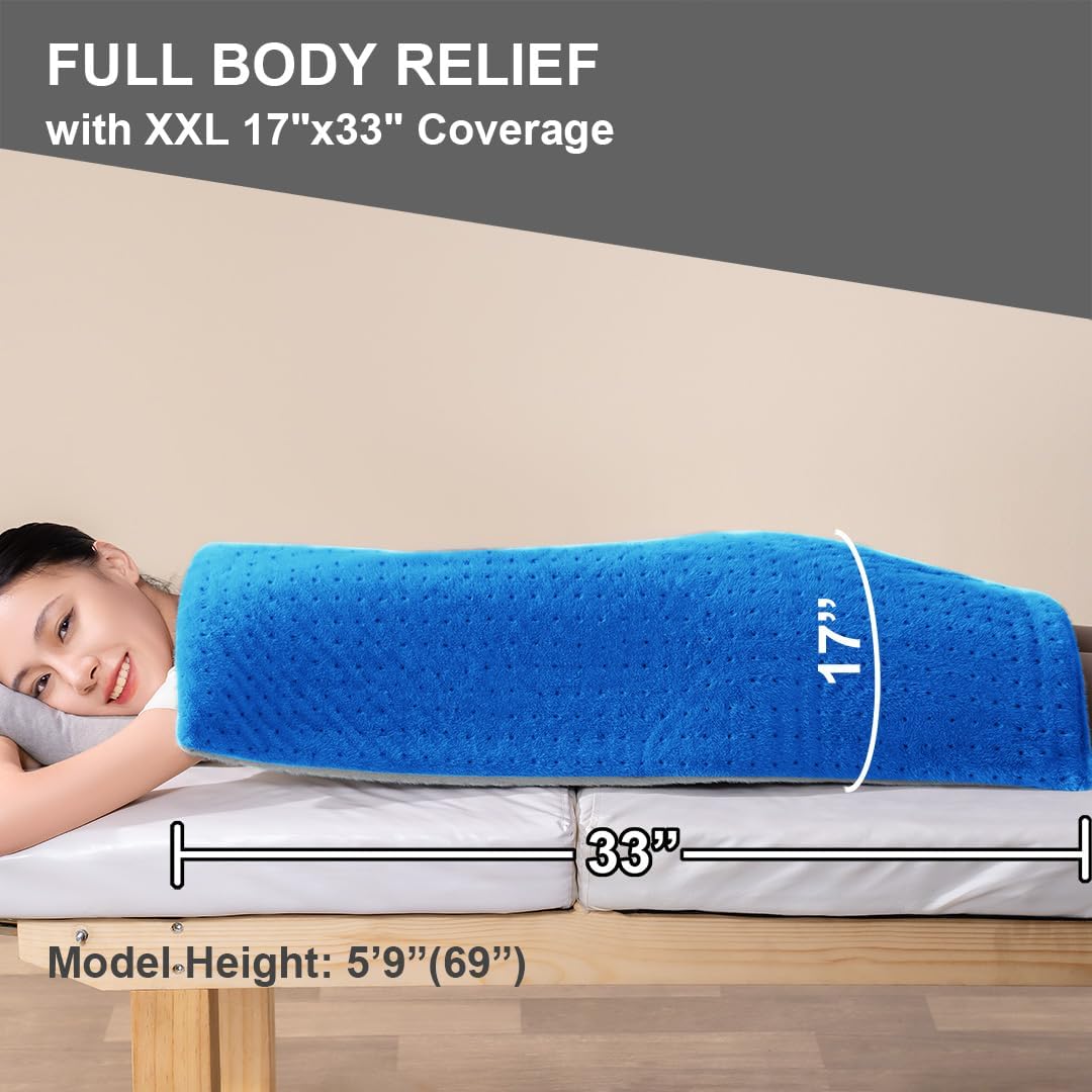 Boncare® 17"x33" Extra Large Heating Pad for Back Pain Relief & Period Cramp Without Auto Shut Off & 5 Auto Shut-Off Timers, 6 Heat Levels 9 Hr Auto Off and 12.6ft Cord Bed Foot Warmer(Blue)