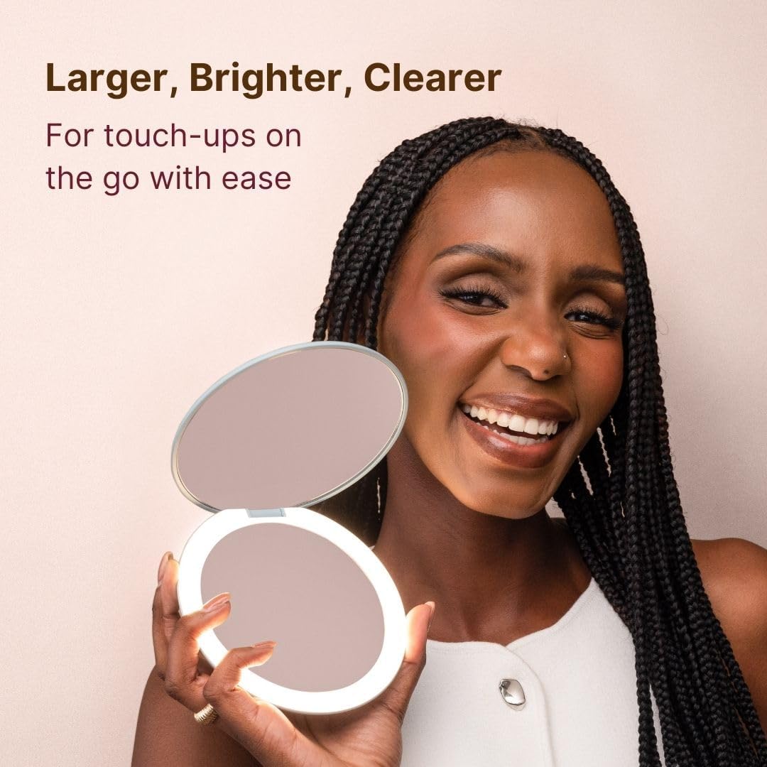 Fancii Taylor Rechargeable Compact Makeup Mirror with LED Lights, 10x /1x Magnifying, 3 Light Settings, Large 5” Wide | Travel Mirror for Purses (Soft Sky)