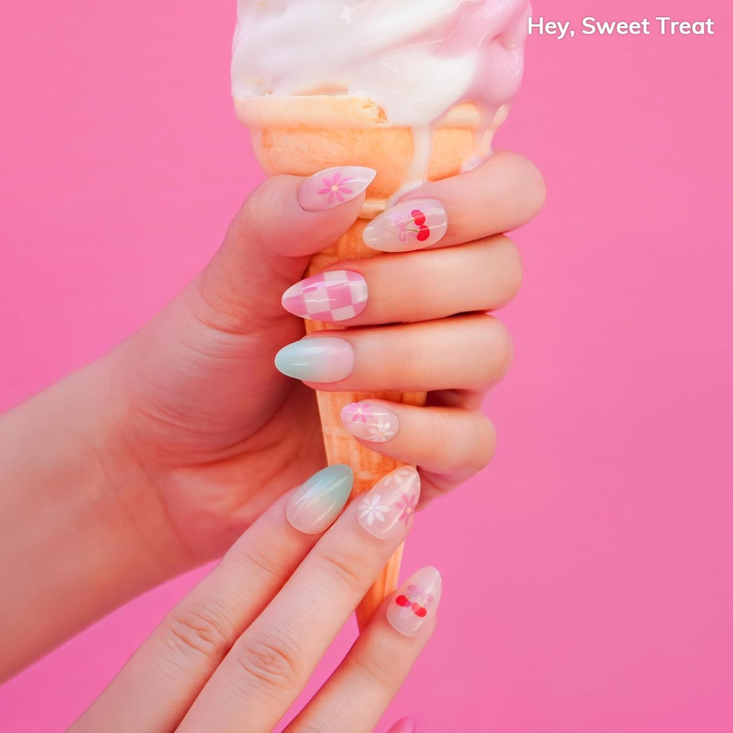 Semi Cured Gel Nail Strips | No LED Lamp Needed | Summer, Ombre, Cute | Easy Apply & Remove, Salon Quality | Includes 28 Strips, 1 Prep Pads, Nail File & Wooden Stick - Hey, Sweet Treat