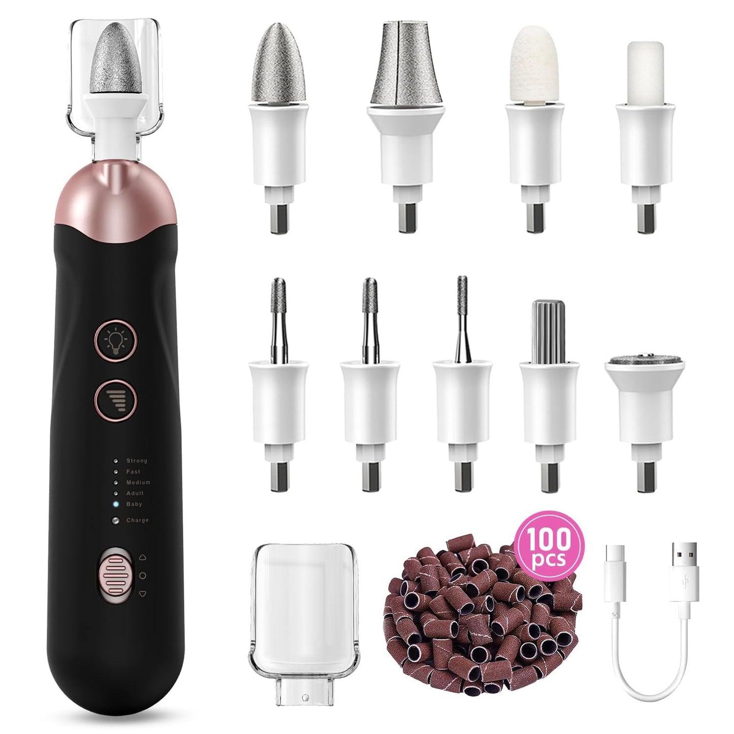 2 Pack 9-in-1 Electric Nail Grinder with 100 Bits: Cordless, 5 Speeds, Professional Manicure & Pedicure Kit
