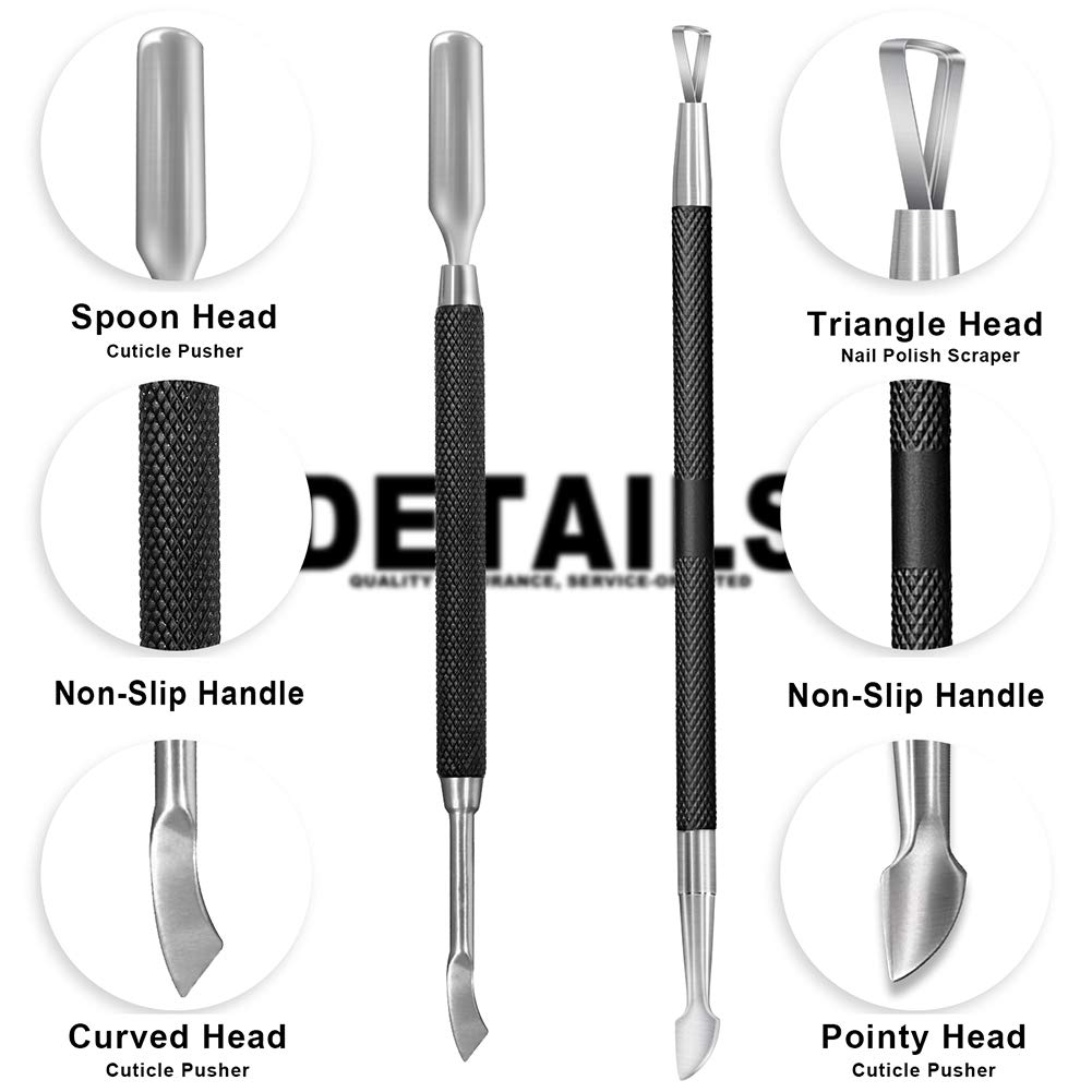 2PCS Metal Black Cuticle Pusher and Cutter Remover Salon Quality Stainless Steel Gel Nail Polish Peeler Scraper Durable Professional Manicure Pedicure Cleaner Tool For Fingernail and Toenail